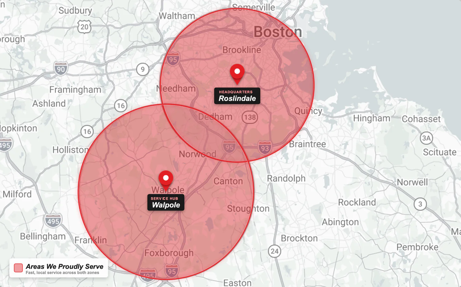 Map of the TBros service area: the Walpole office covers Walpole, Norwood, Canton, Foxborough and Franklin, and the Boston headquarters in Roslindale covers Boston, Brookline, Newton, Dedham and Quincy